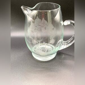 Vintage Etched Deer Forest Scene Glass Pitcher 6"